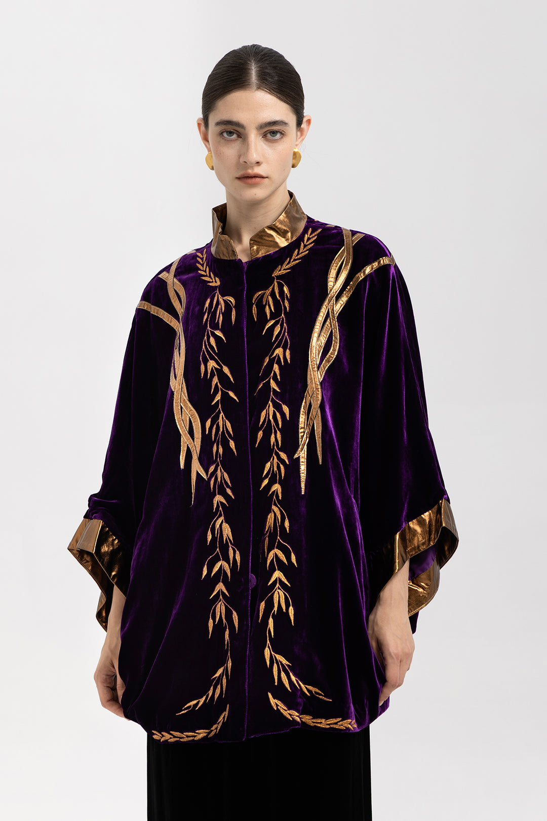 Irina Metallic-Trim Velvet Cape Coat