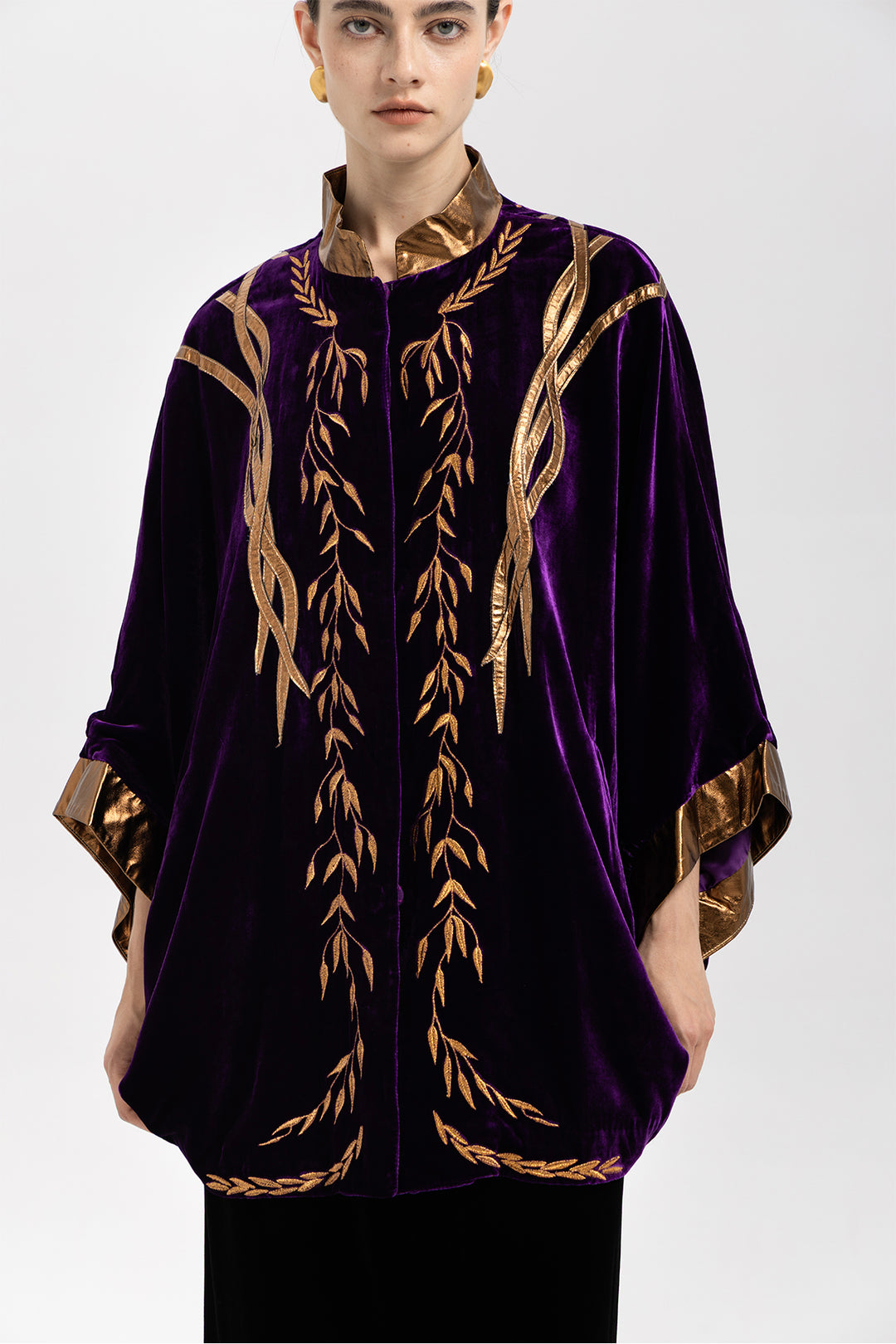 Irina Metallic-Trim Velvet Cape Coat