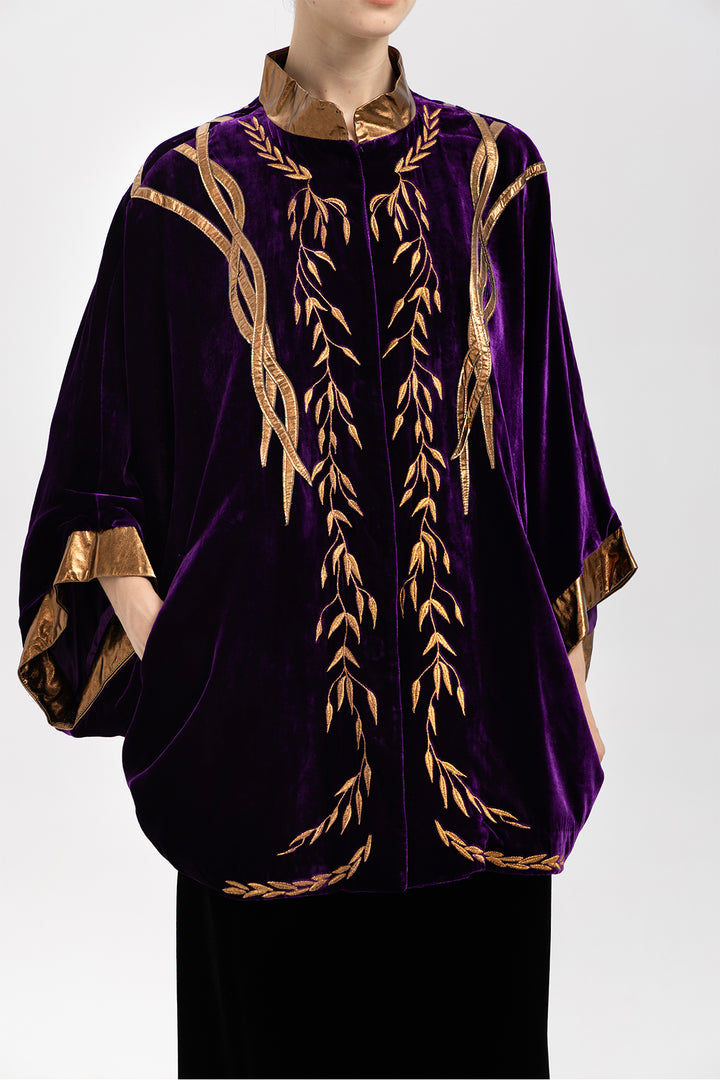 Irina Metallic-Trim Velvet Cape Coat