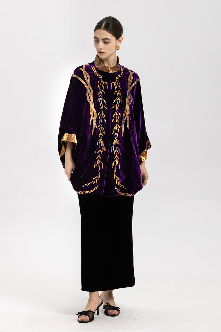 Irina Metallic-Trim Velvet Cape Coat