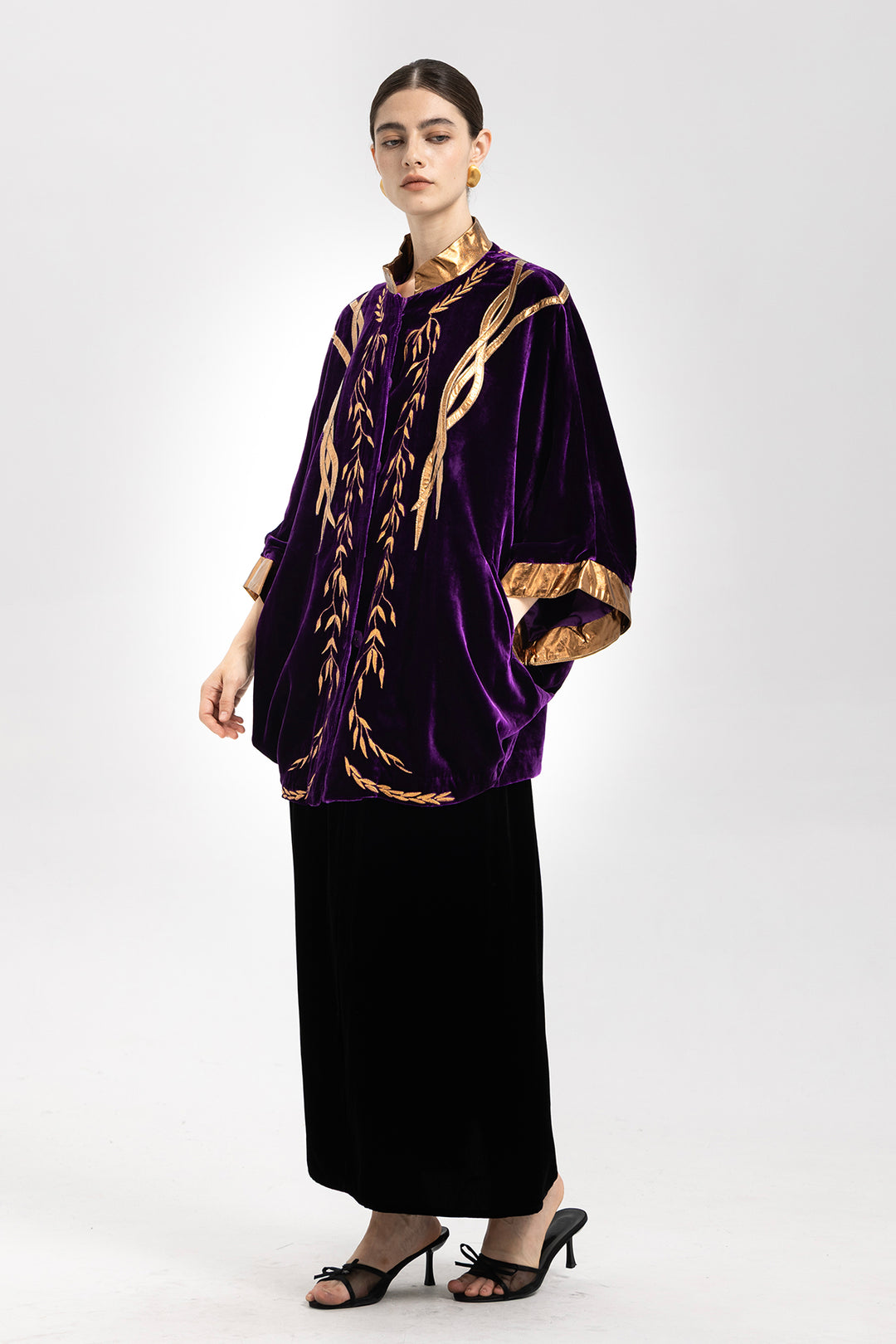 Irina Metallic-Trim Velvet Cape Coat