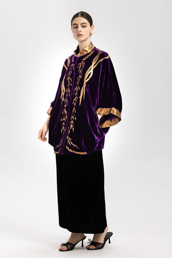 Irina Metallic-Trim Velvet Cape Coat