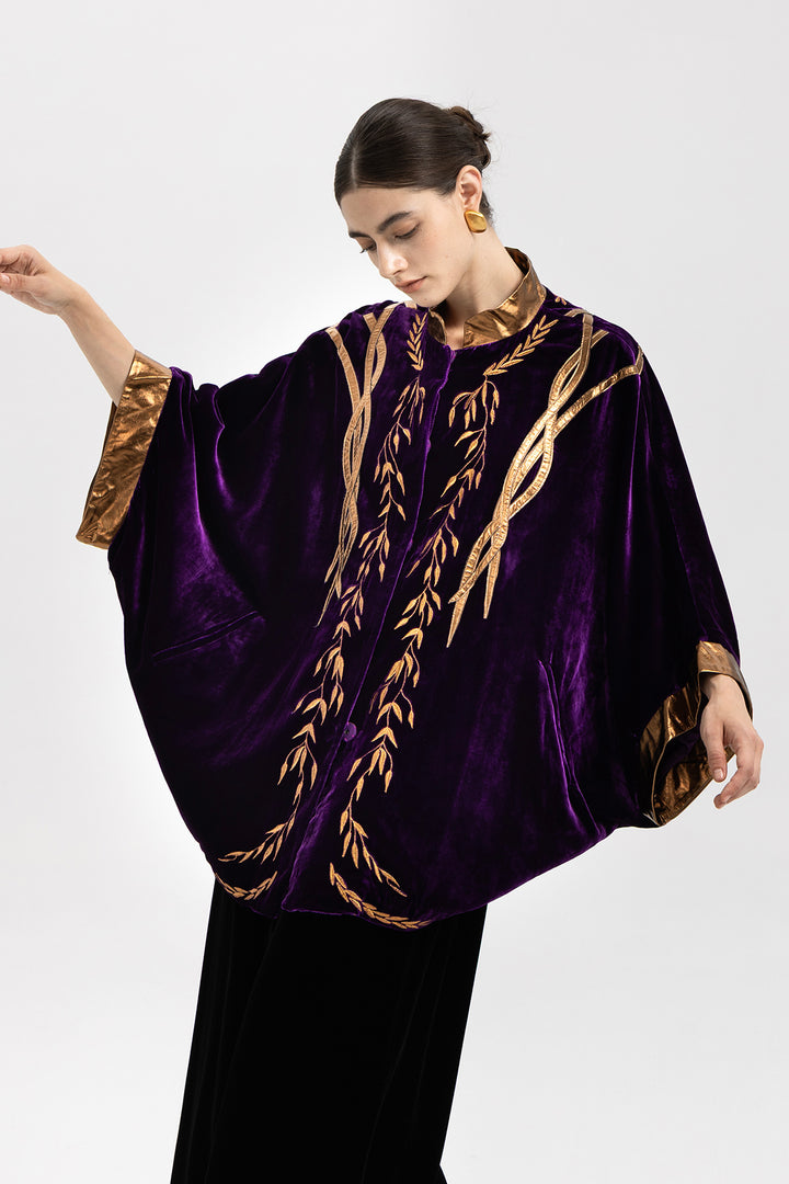 Irina Metallic-Trim Velvet Cape Coat