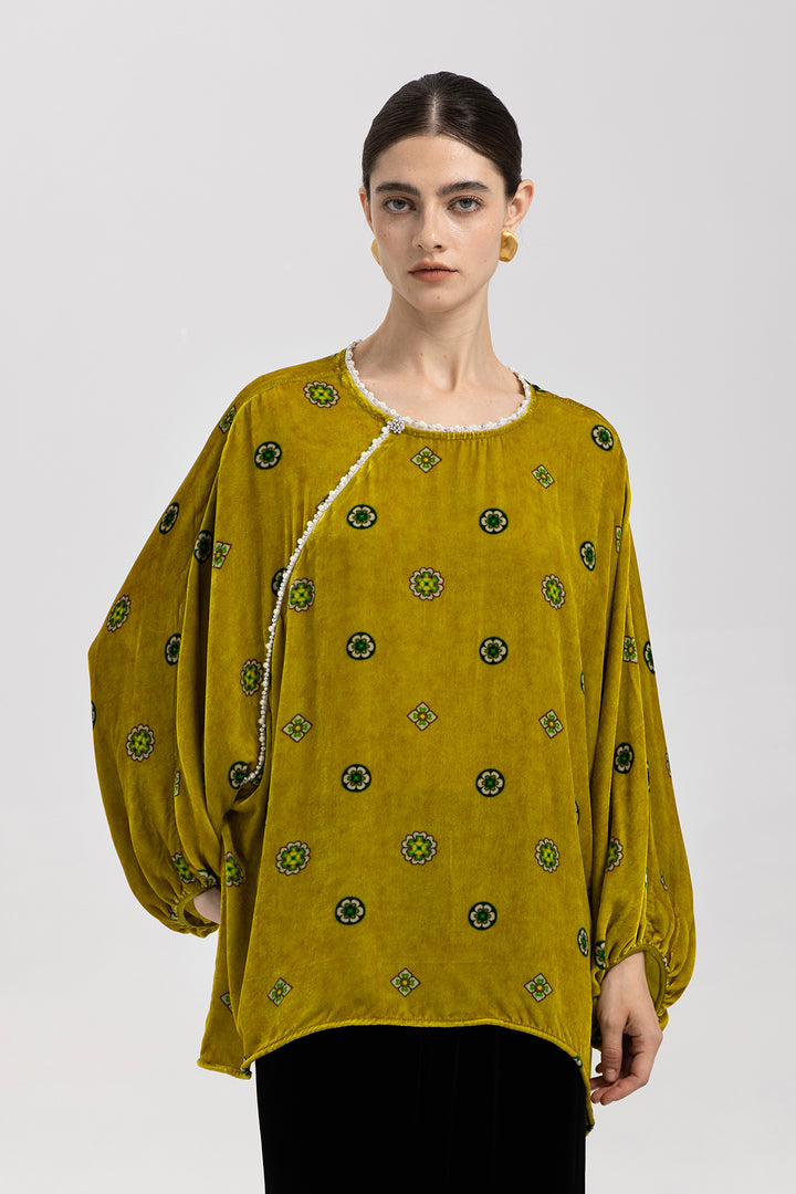 Alina Pearl-Trim Velvet Top