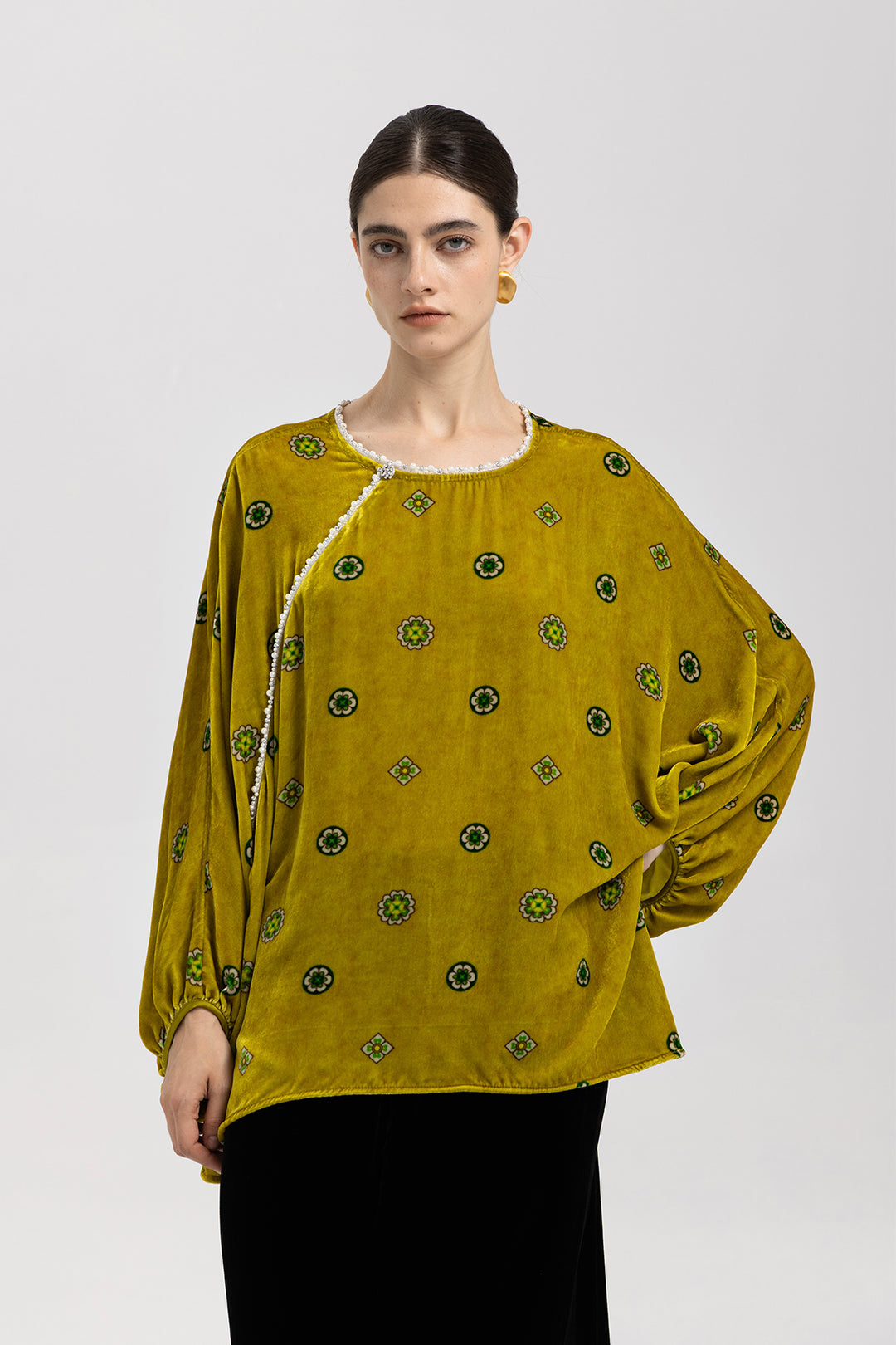 Alina Pearl-Trim Velvet Top
