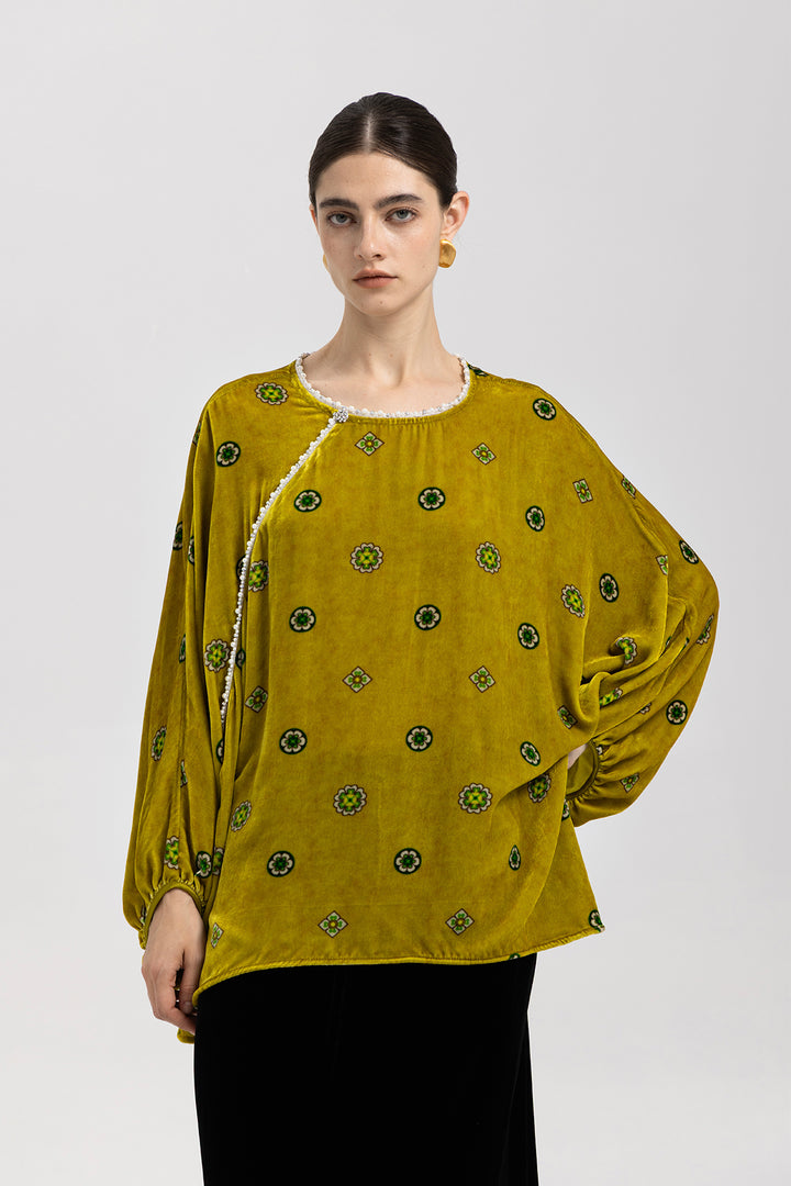 Alina Pearl-Trim Velvet Top