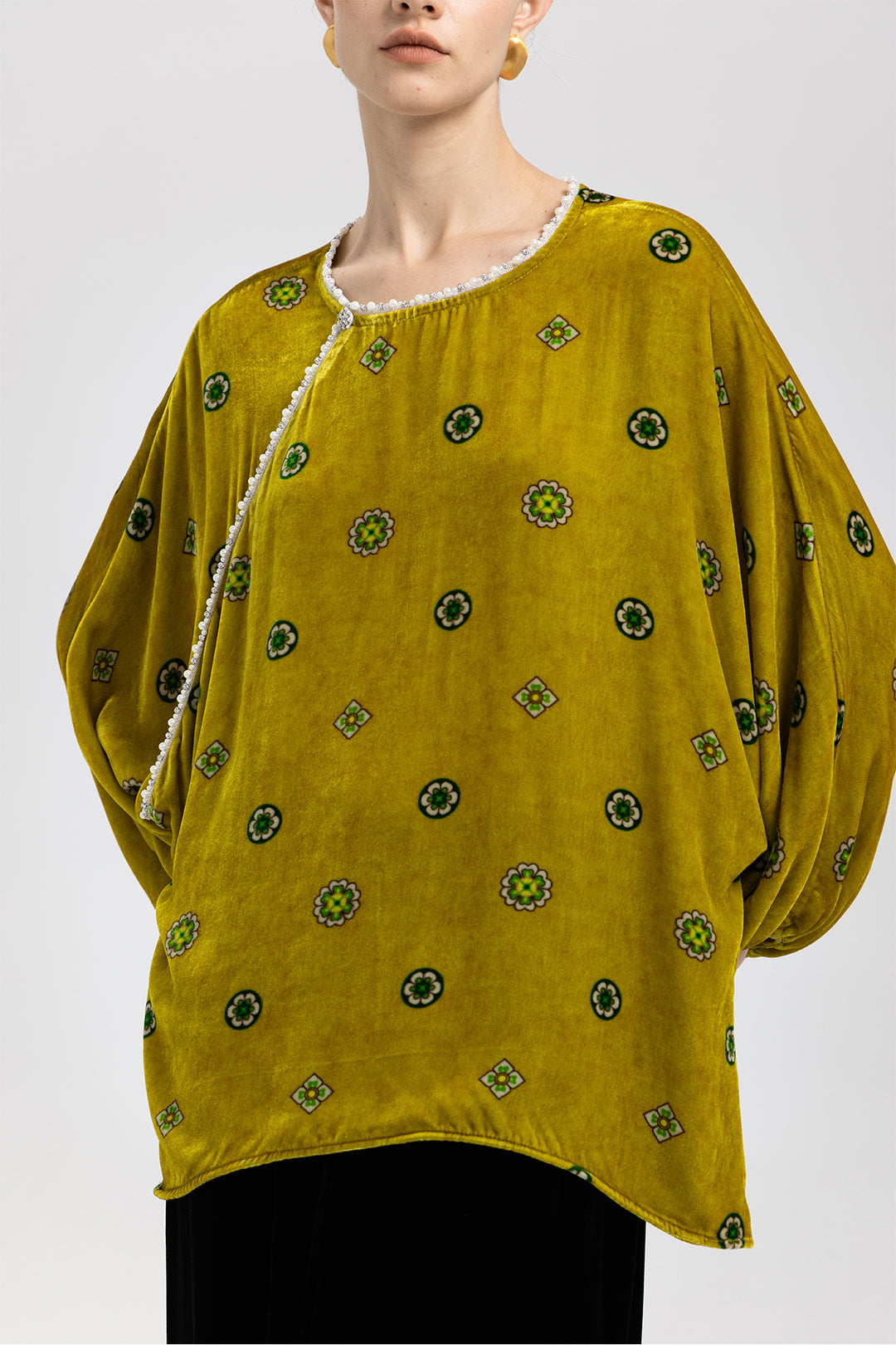 Alina Pearl-Trim Velvet Top