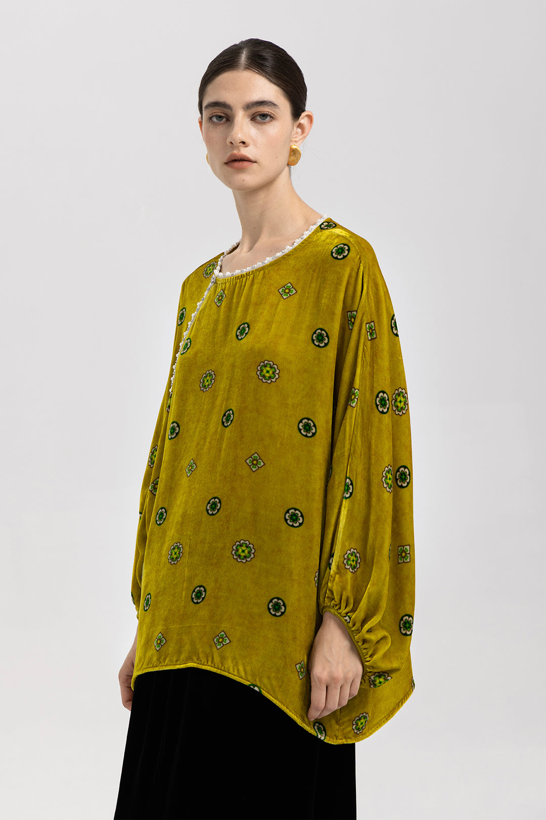 Alina Pearl-Trim Velvet Top