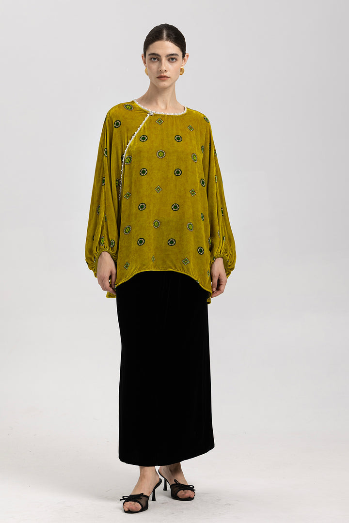 Alina Pearl-Trim Velvet Top