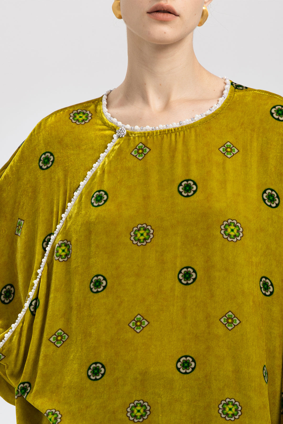 Alina Pearl-Trim Velvet Top