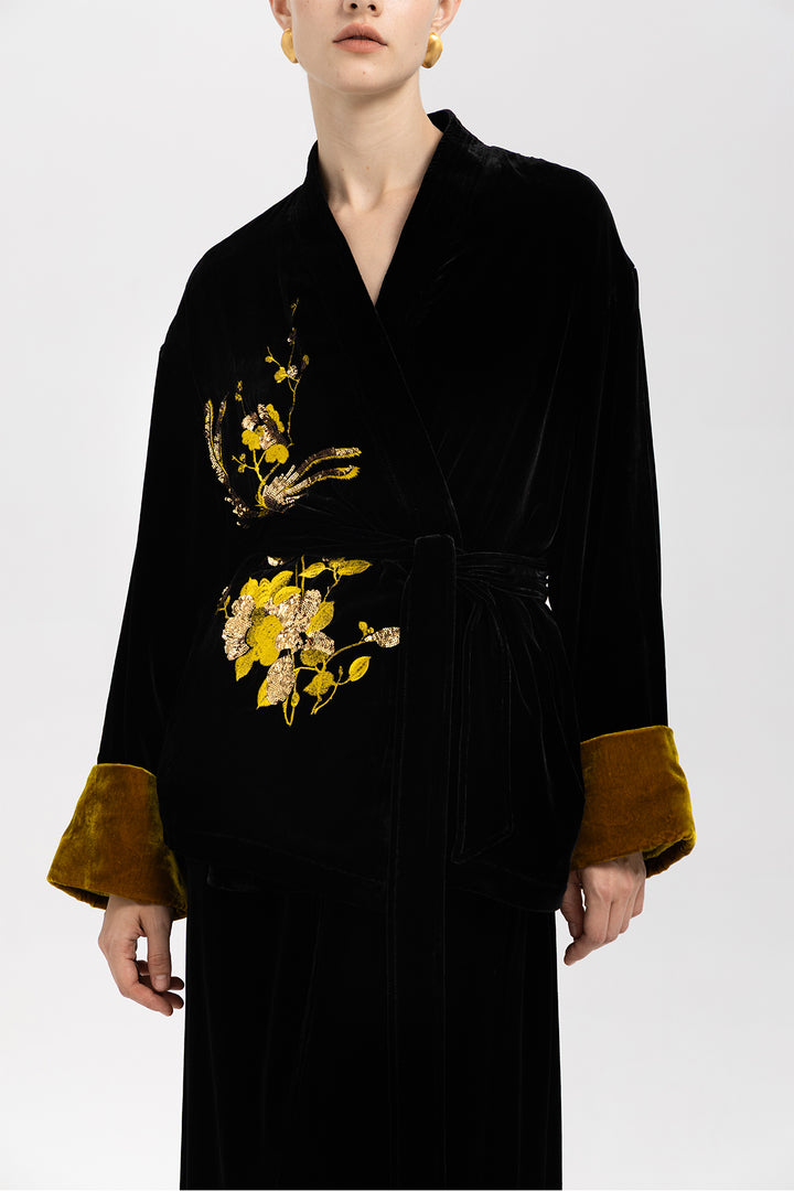 Aurelia Golden Sequin Velvet Belted Jacket