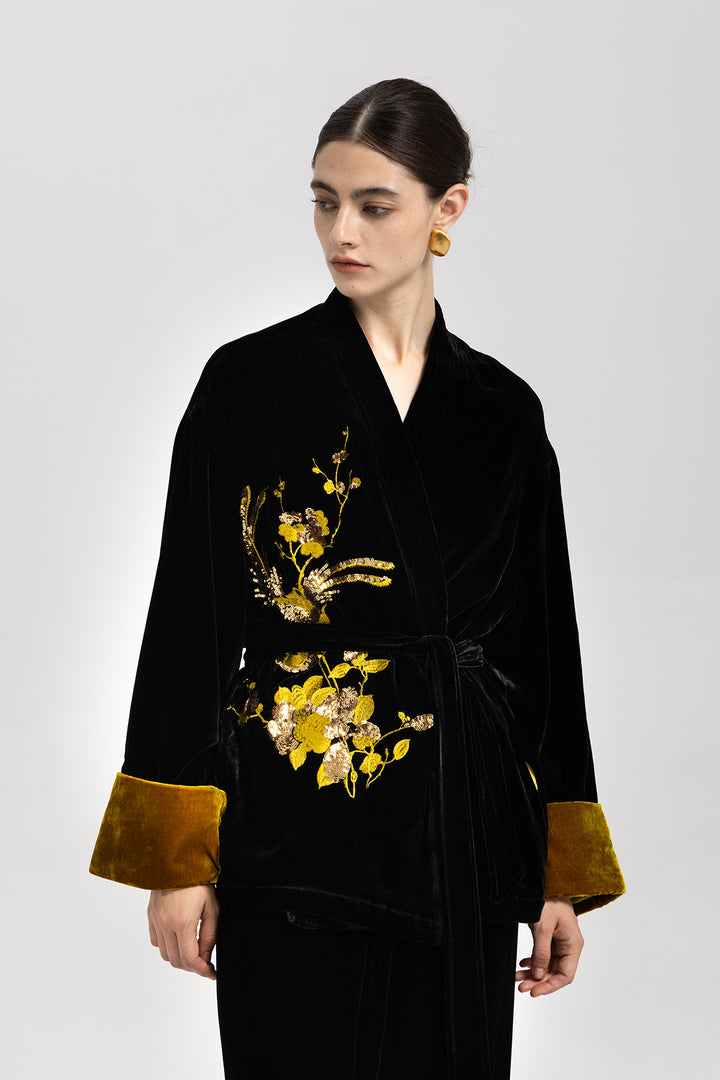 Aurelia Golden Sequin Velvet Belted Jacket