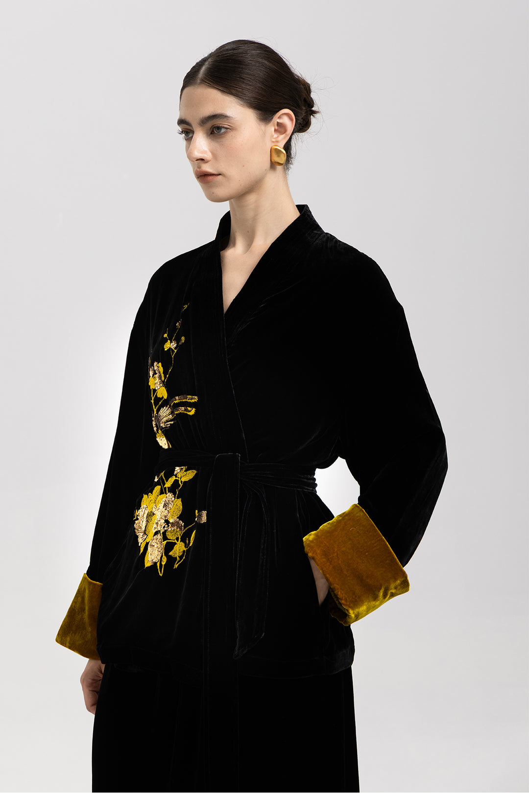 Aurelia Golden Sequin Velvet Belted Jacket