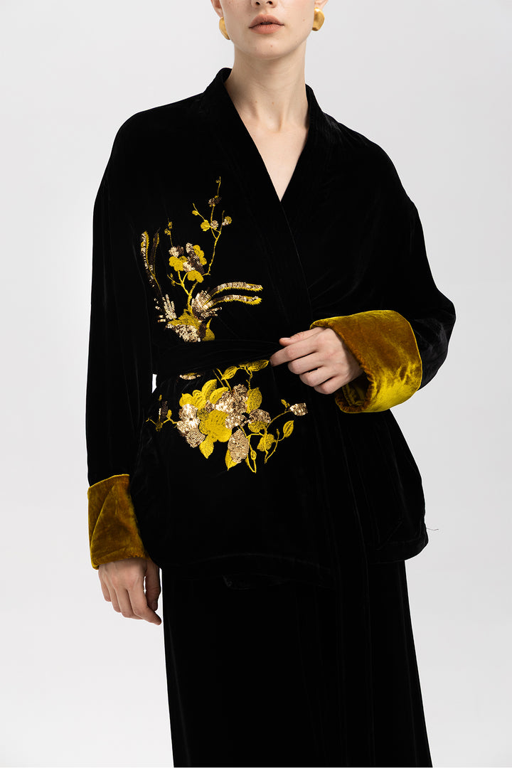 Aurelia Golden Sequin Velvet Belted Jacket