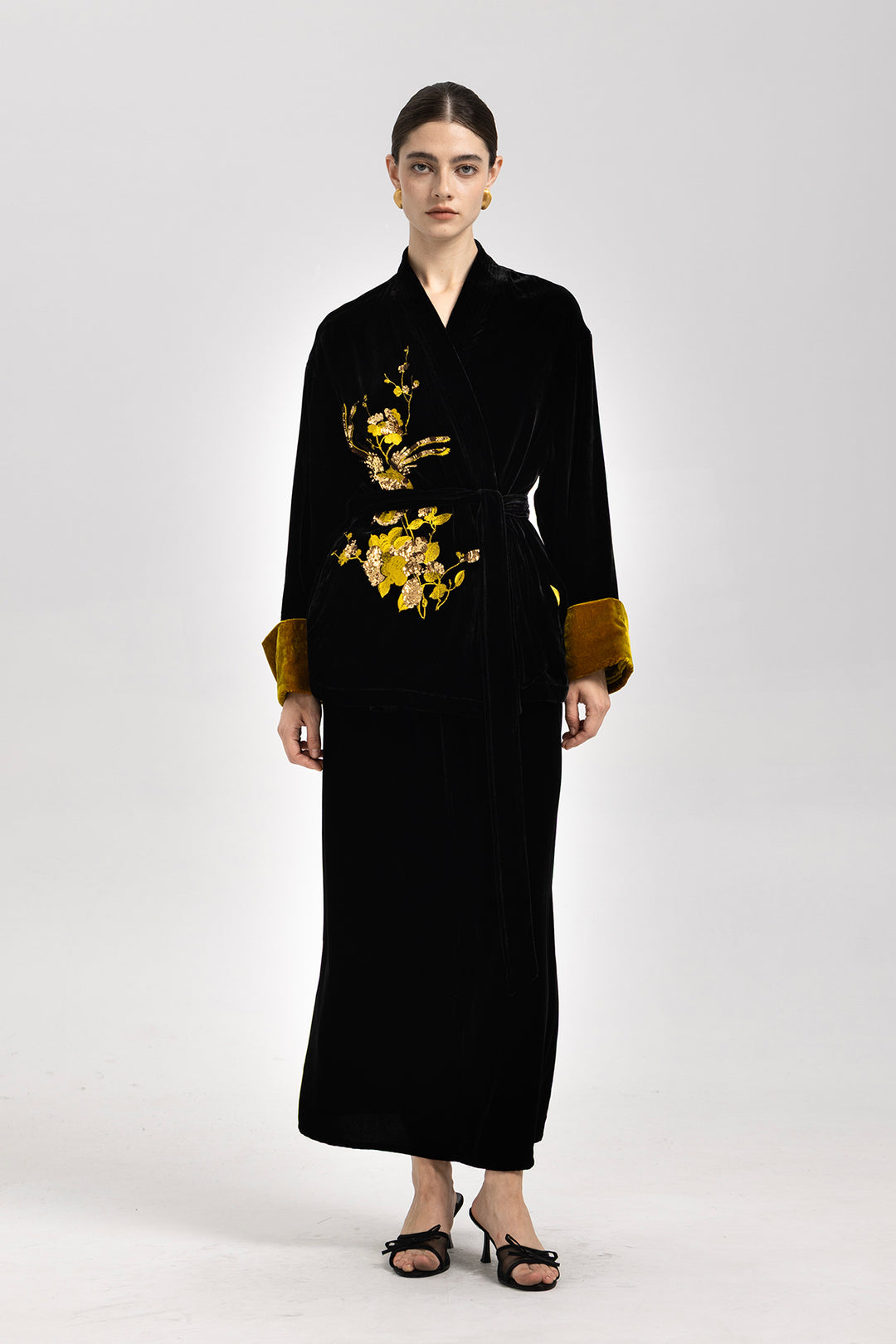 Aurelia Golden Sequin Velvet Belted Jacket