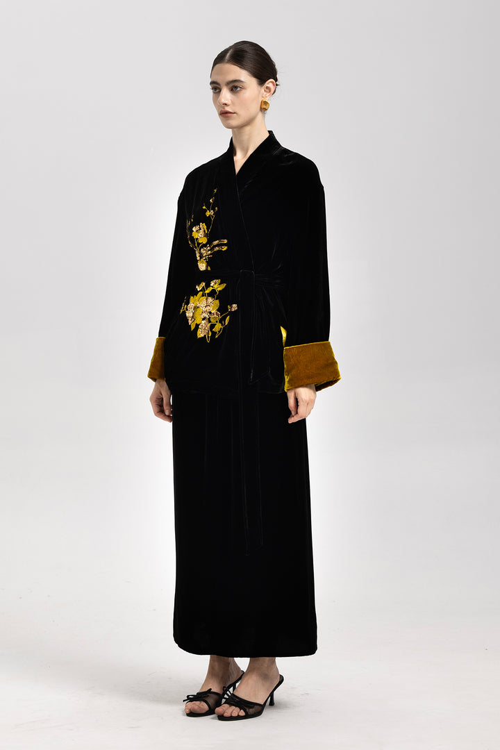 Aurelia Golden Sequin Velvet Belted Jacket