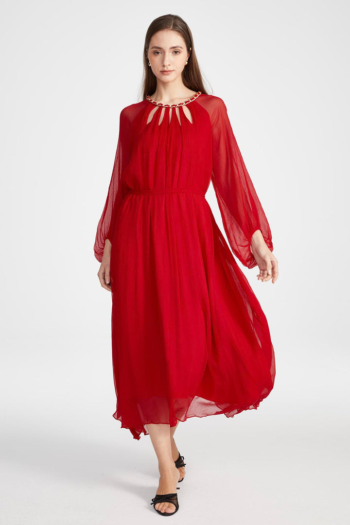 Sierra Hollow Out Silk Dress in Red