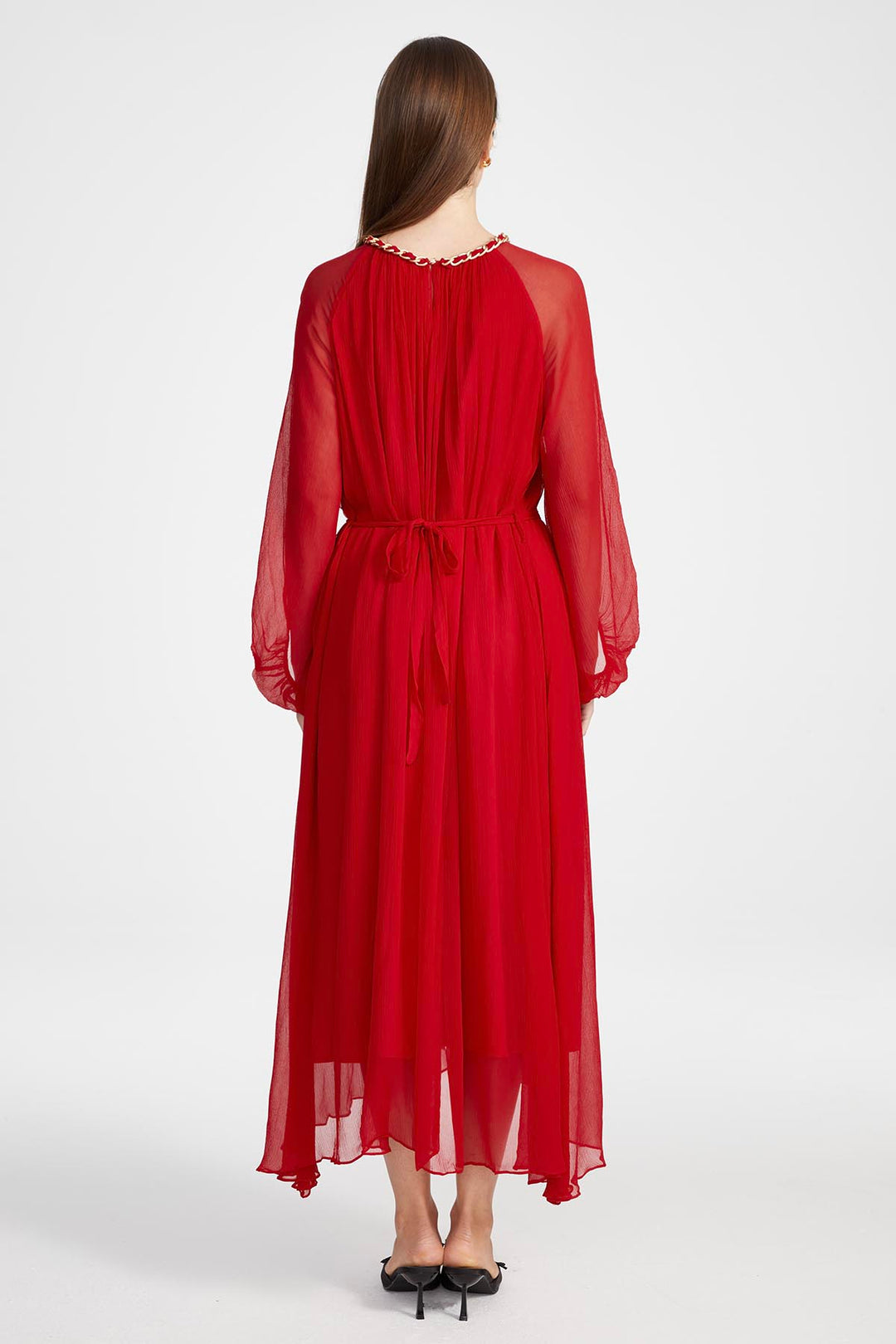 Sierra Hollow Out Silk Dress in Red