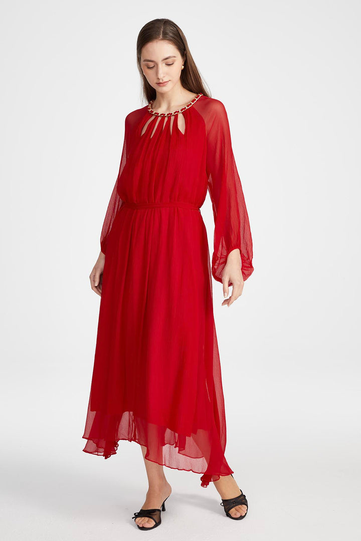 Sierra Hollow Out Silk Dress in Red