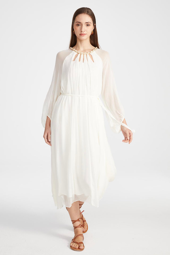 Sierra Hollow Out Silk Dress in White