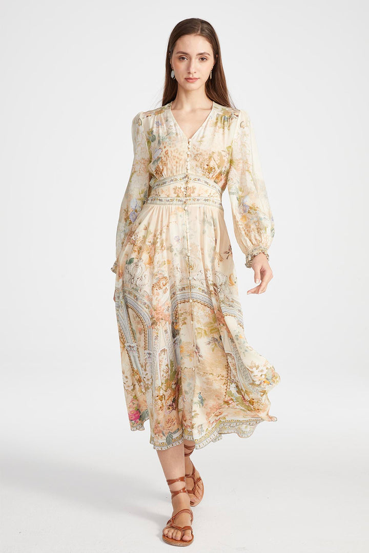 Vicki V-Neck Print Silk Dress