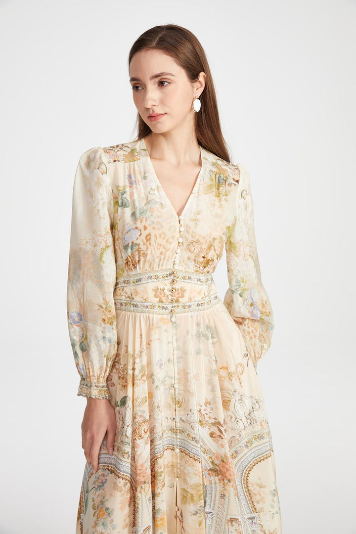 Vicki V-Neck Print Silk Dress