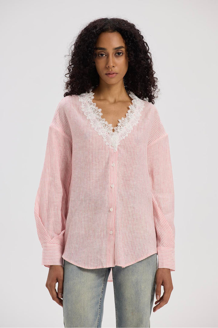 Lilwen V-Neck Lace Linen Top