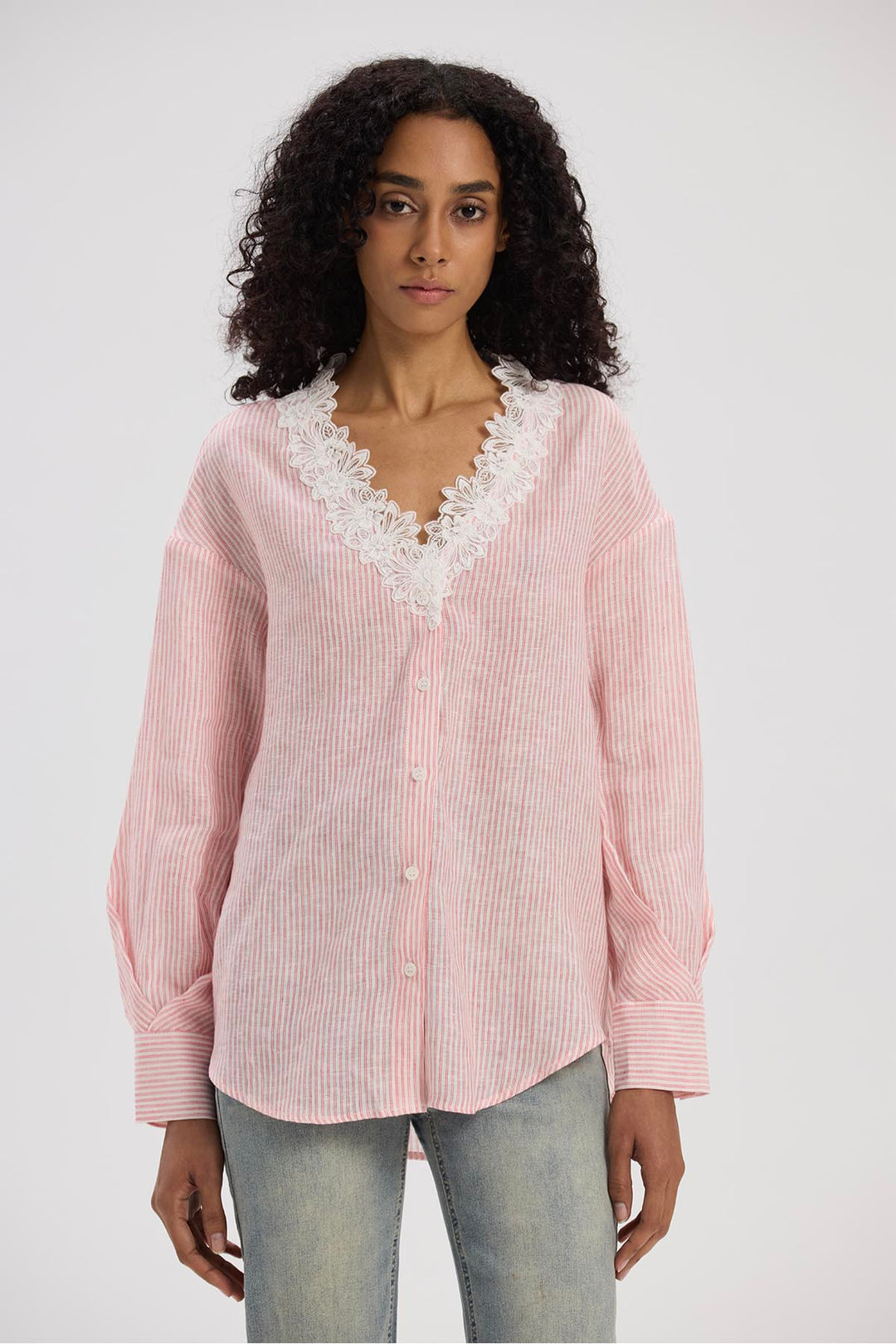 Lilwen V-Neck Lace Linen Top