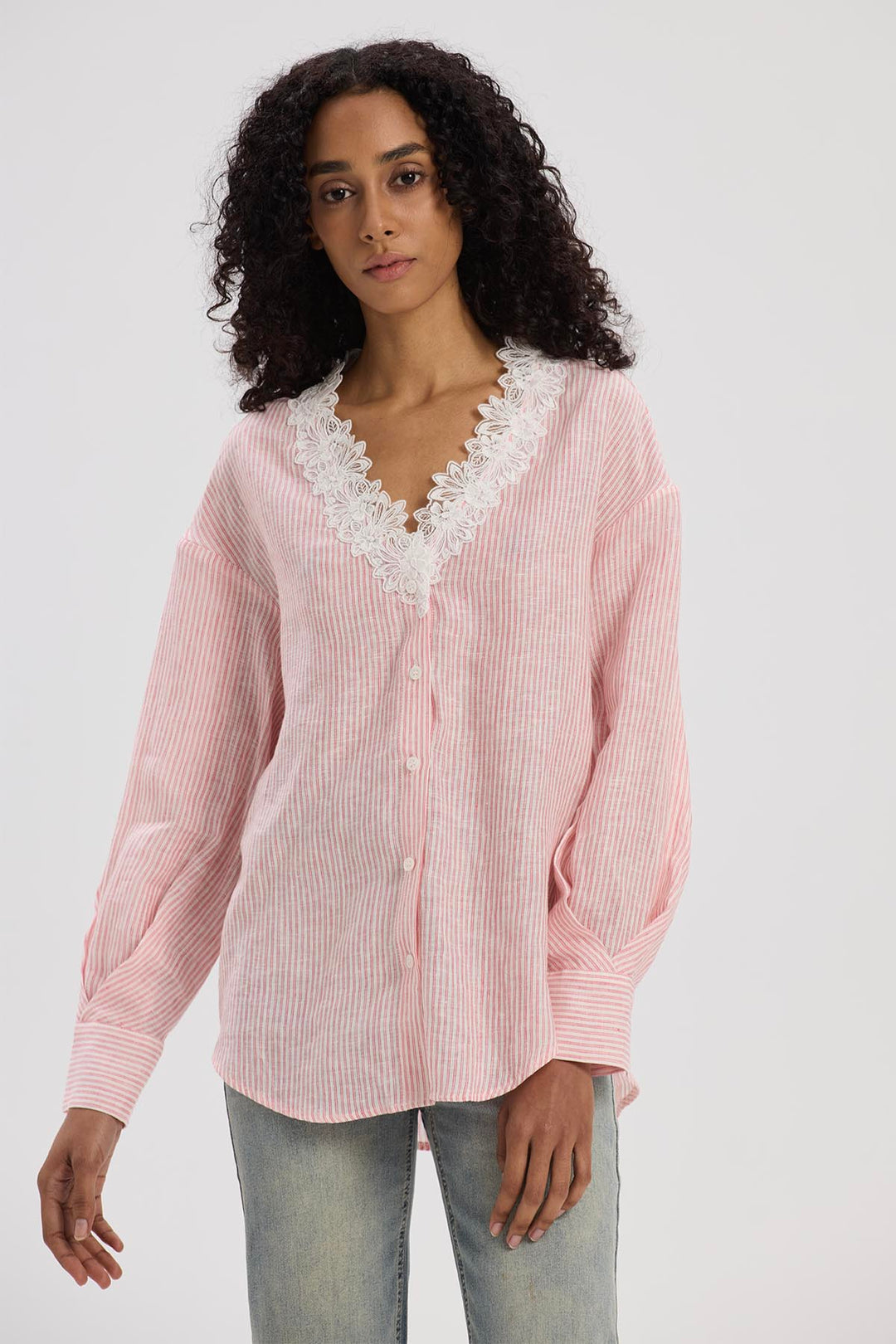 Lilwen V-Neck Lace Linen Top