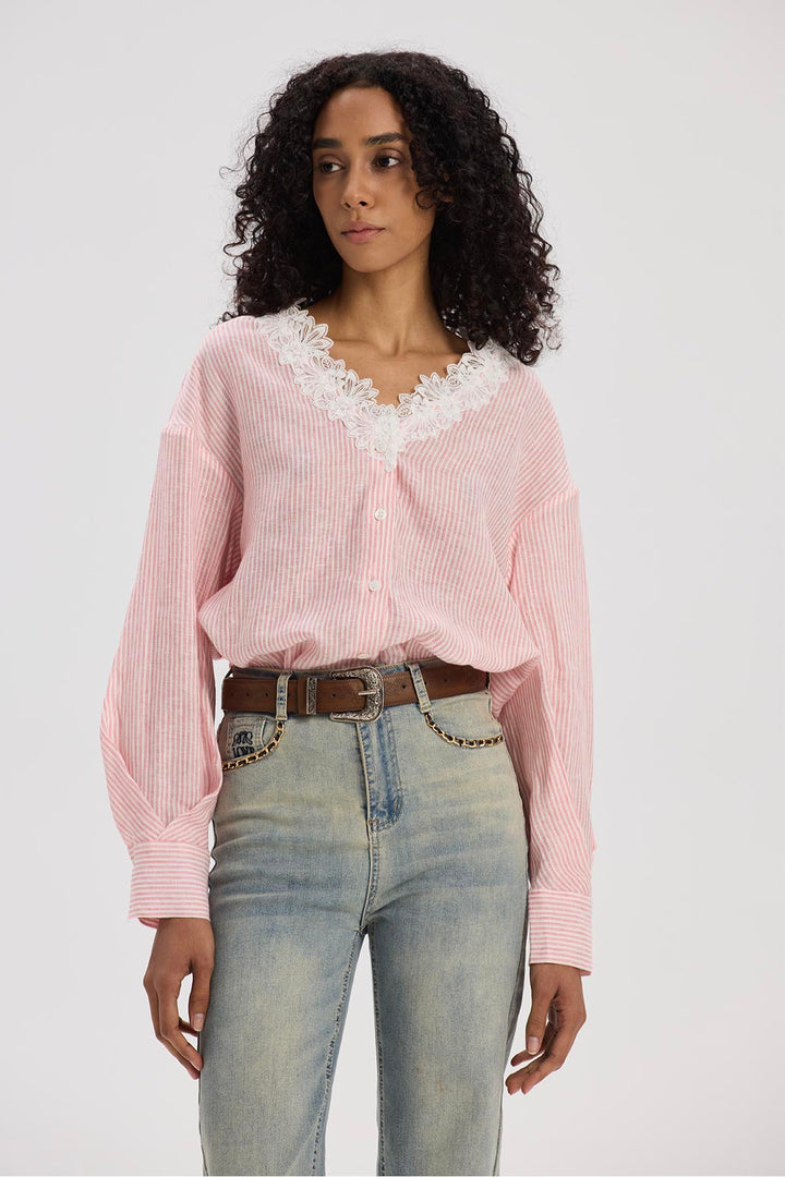 Lilwen V-Neck Lace Linen Top
