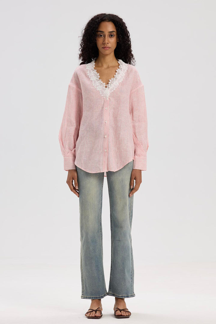 Lilwen V-Neck Lace Linen Top