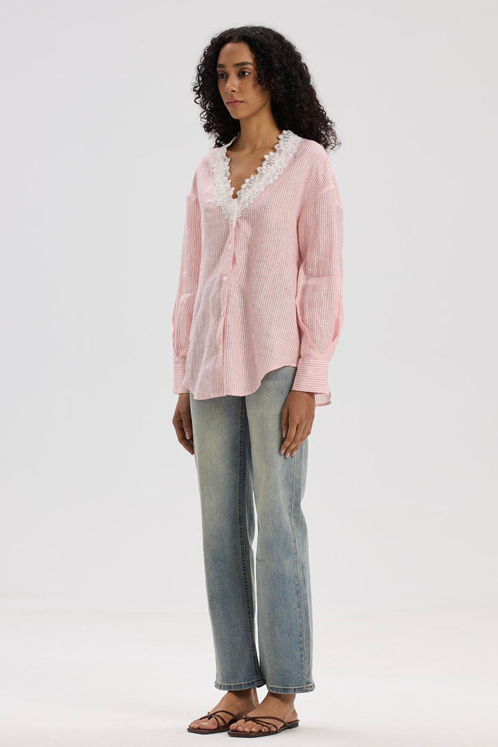 Lilwen V-Neck Lace Linen Top