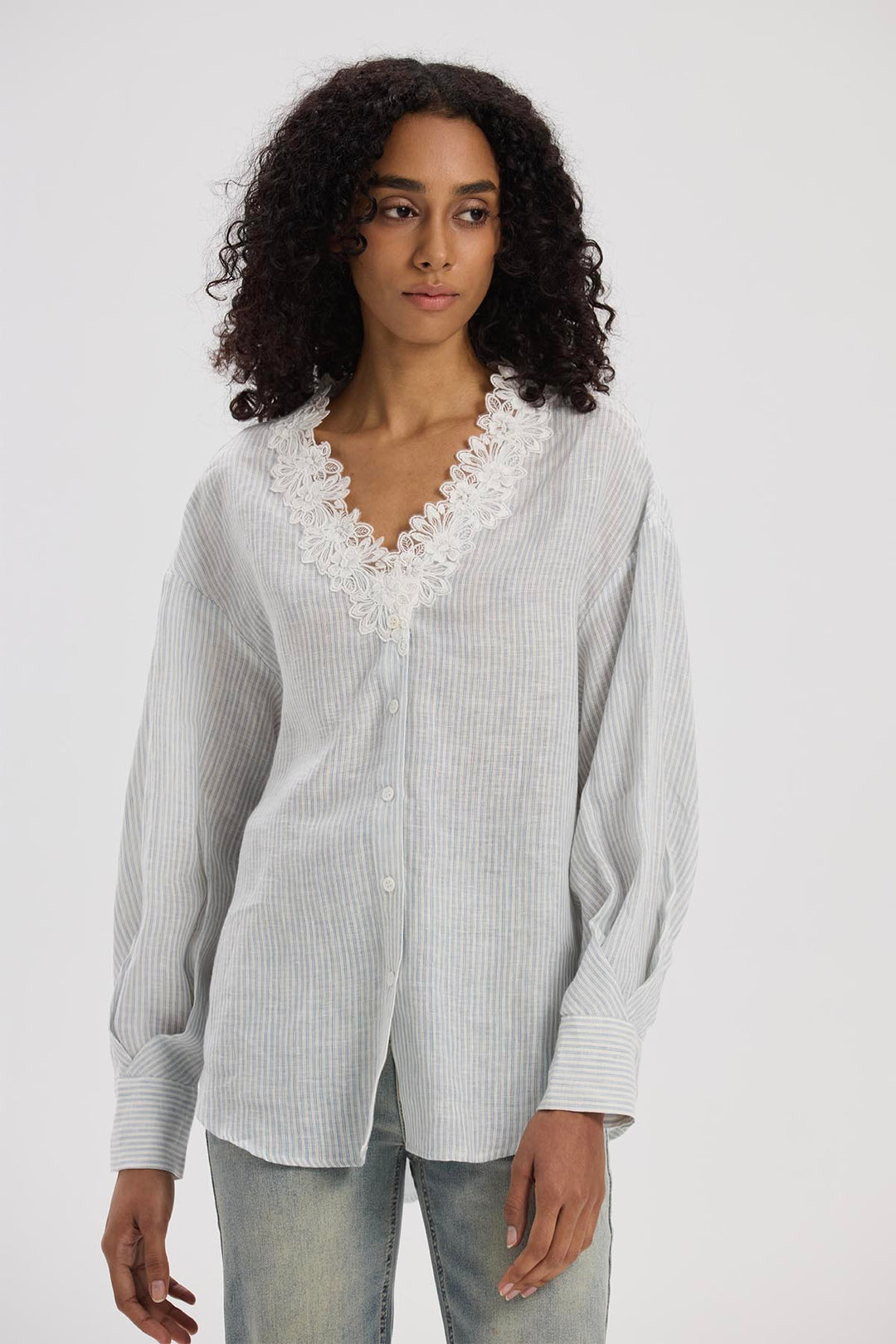 Lilwen V-Neck Lace Linen Top