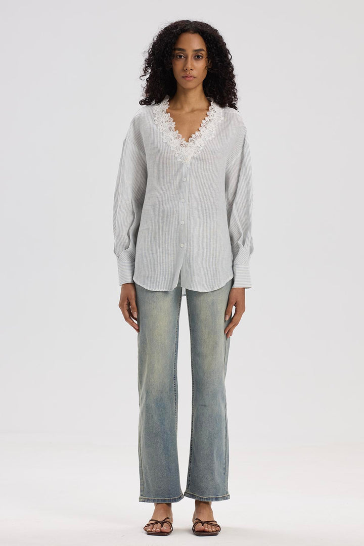 Lilwen V-Neck Lace Linen Top