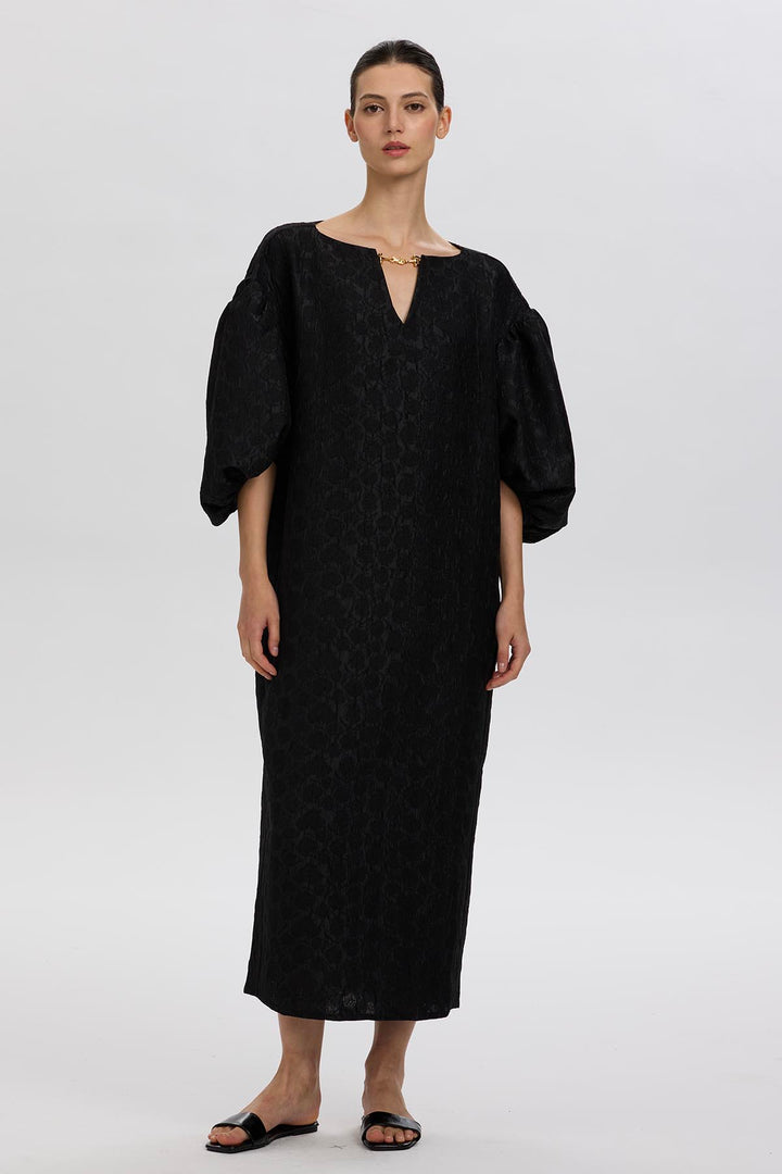 Lylla Structured Puff-Sleeve Dress in Textured Black