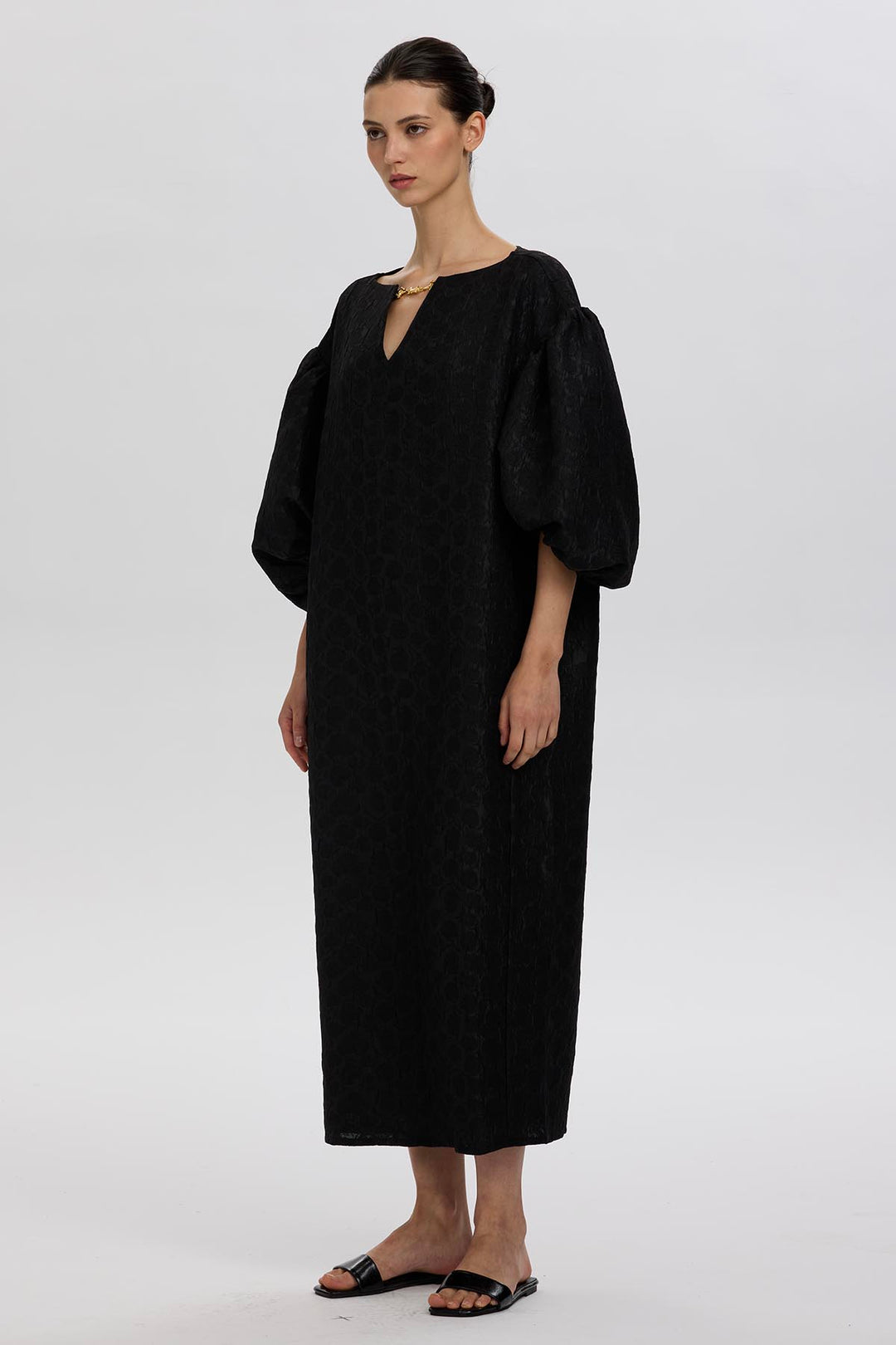 Lylla Structured Puff-Sleeve Dress in Textured Black