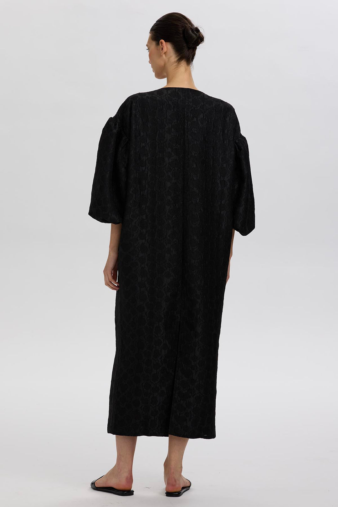 Lylla Structured Puff-Sleeve Dress in Textured Black