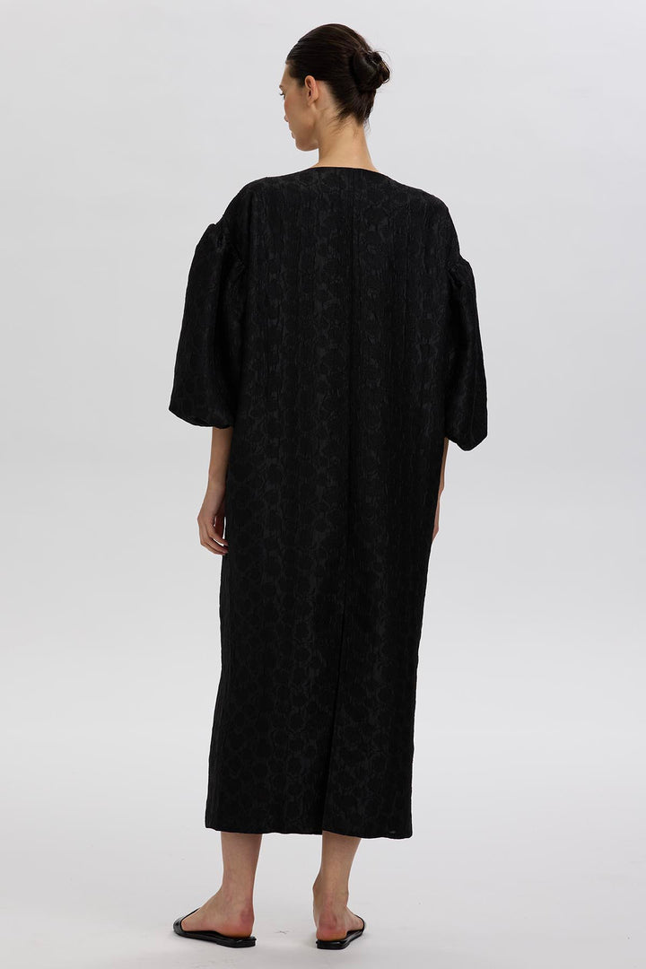 Lylla Structured Puff-Sleeve Dress in Textured Black