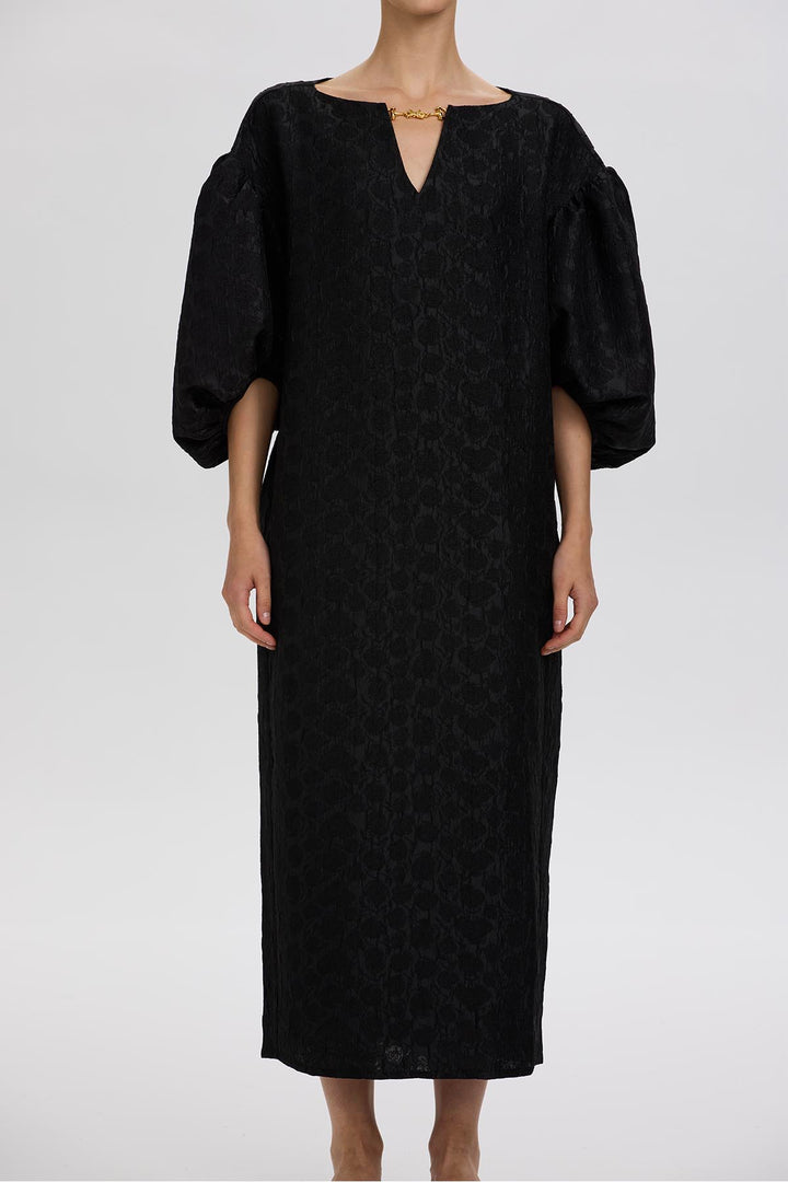 Lylla Structured Puff-Sleeve Dress in Textured Black