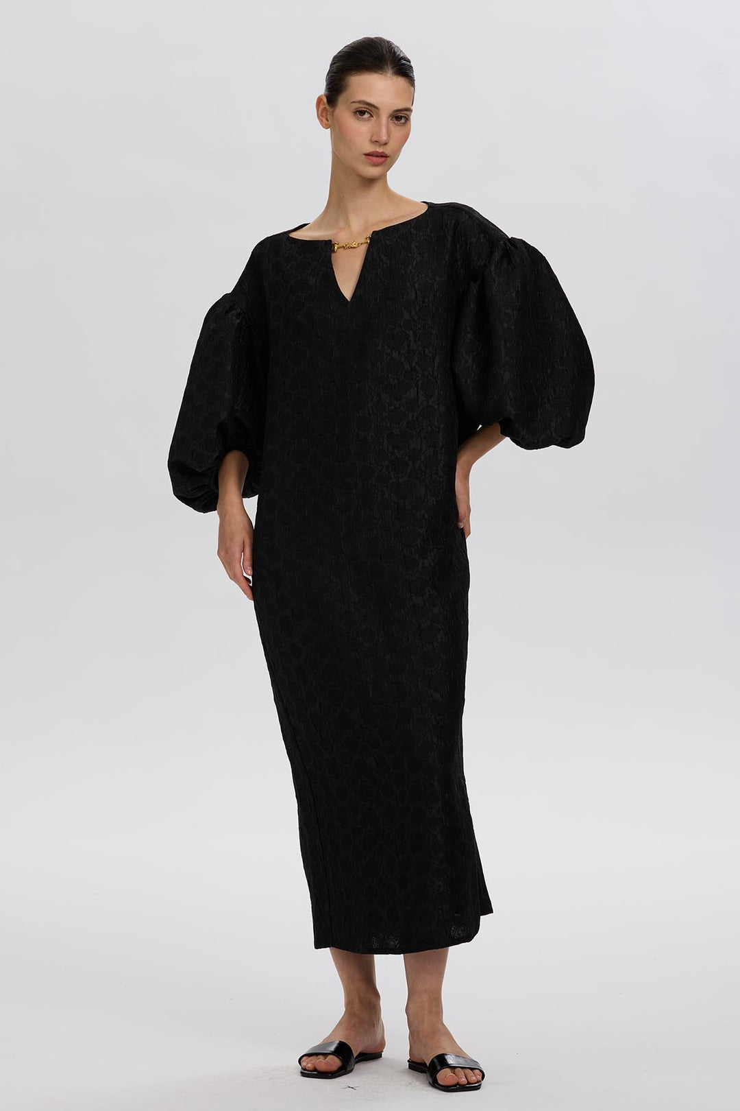 Lylla Structured Puff-Sleeve Dress in Textured Black
