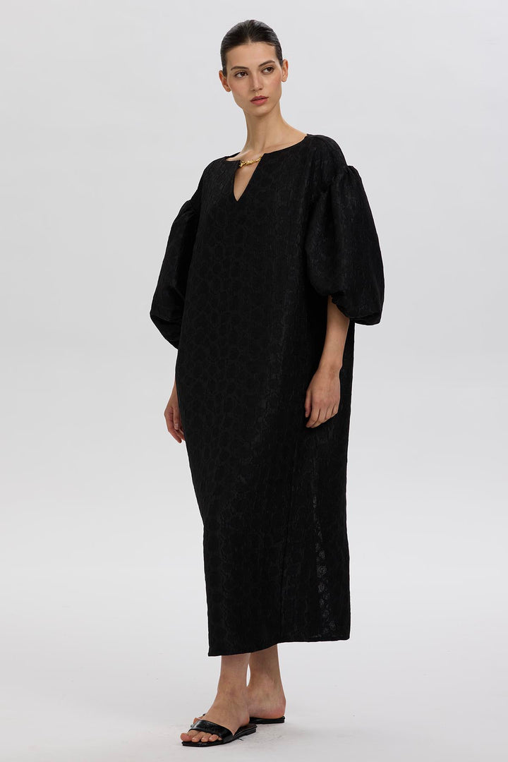 Lylla Structured Puff-Sleeve Dress in Textured Black
