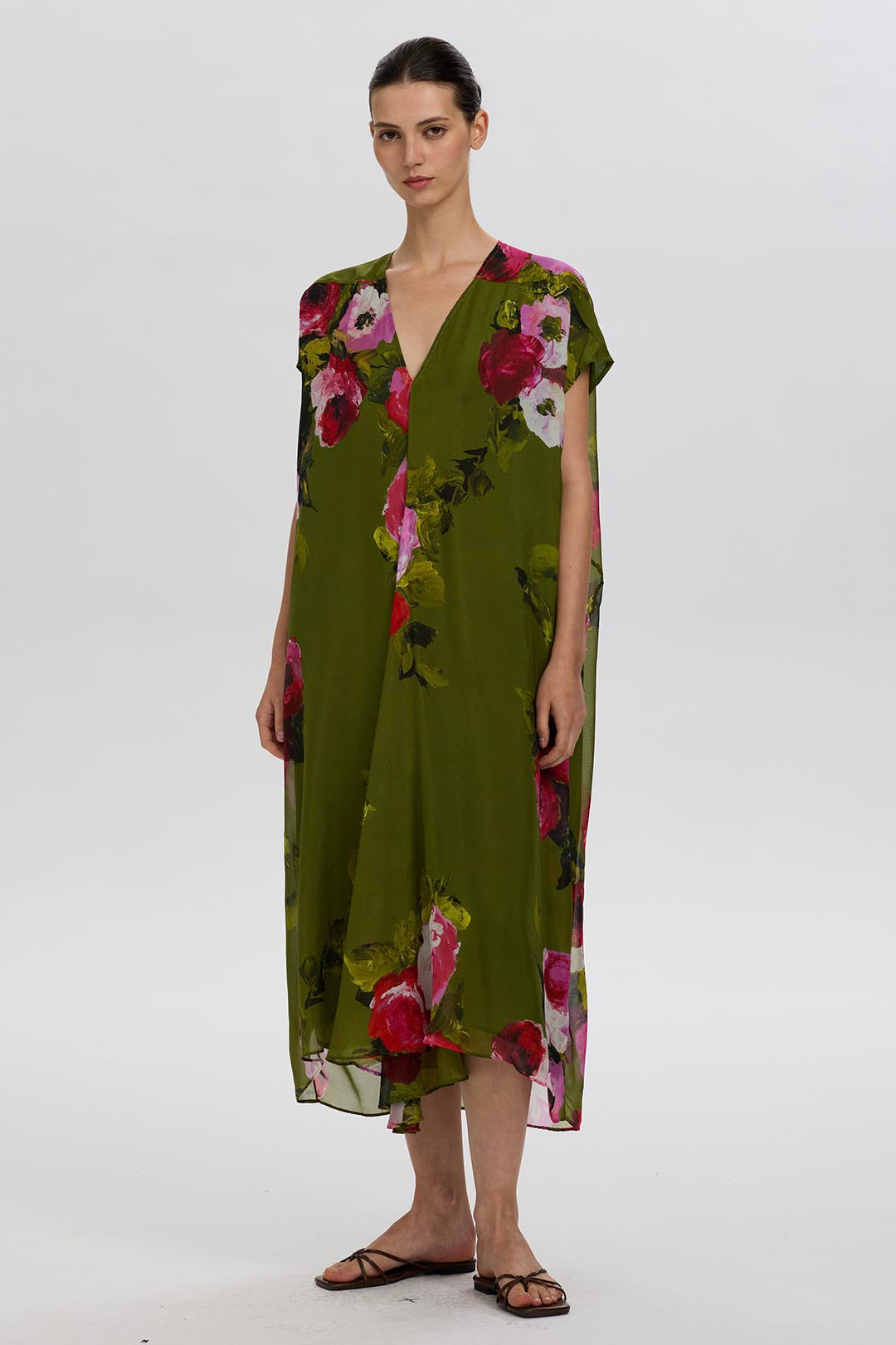 Sandy V-Neck Rose Print Silk Dress