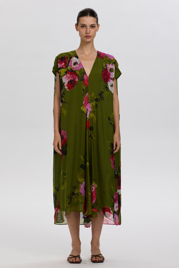 Sandy V-Neck Rose Print Silk Dress