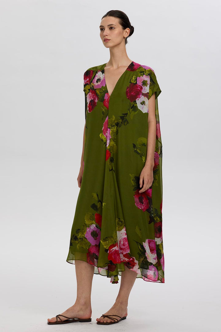 Sandy V-Neck Rose Print Silk Dress