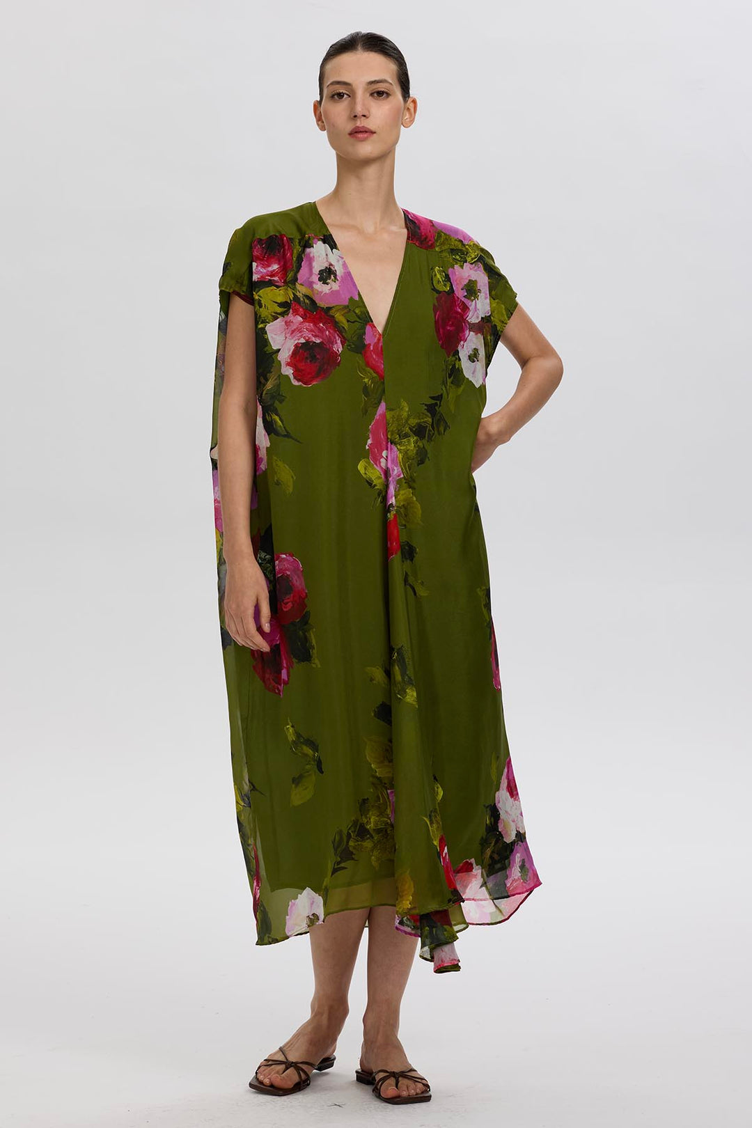Sandy V-Neck Rose Print Silk Dress