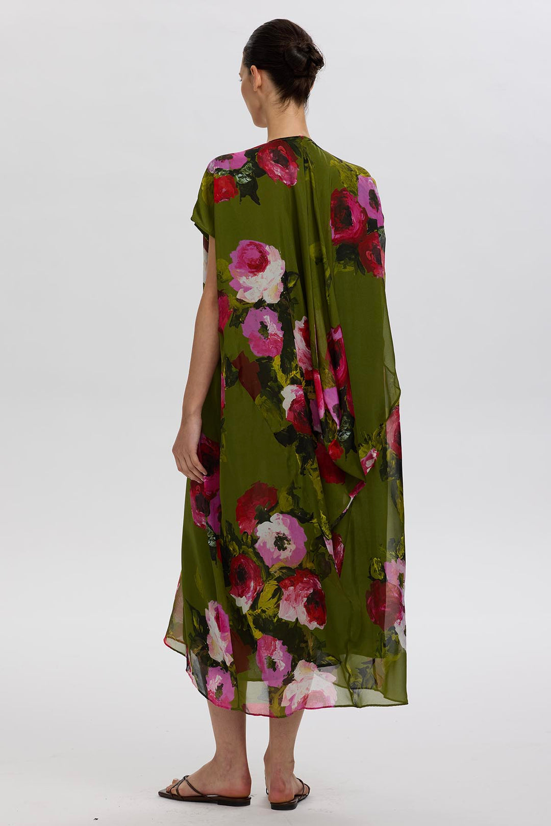 Sandy V-Neck Rose Print Silk Dress