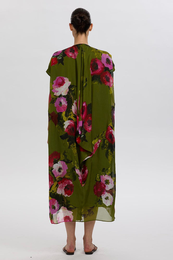 Sandy V-Neck Rose Print Silk Dress