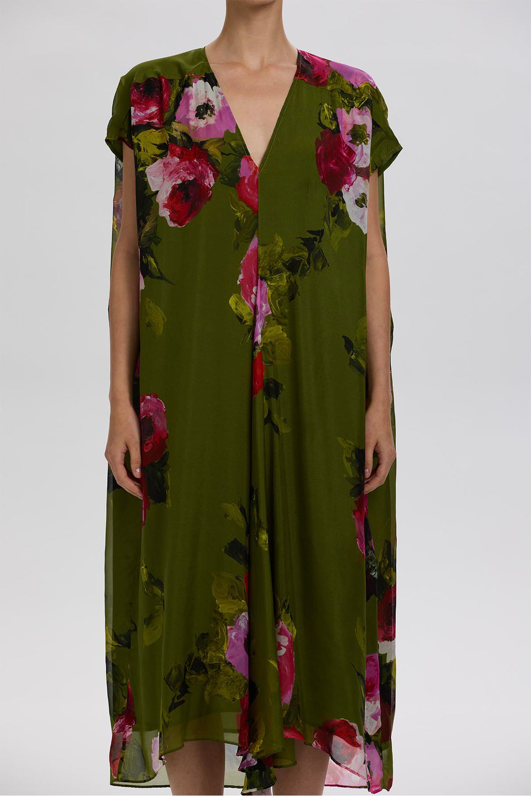 Sandy V-Neck Rose Print Silk Dress