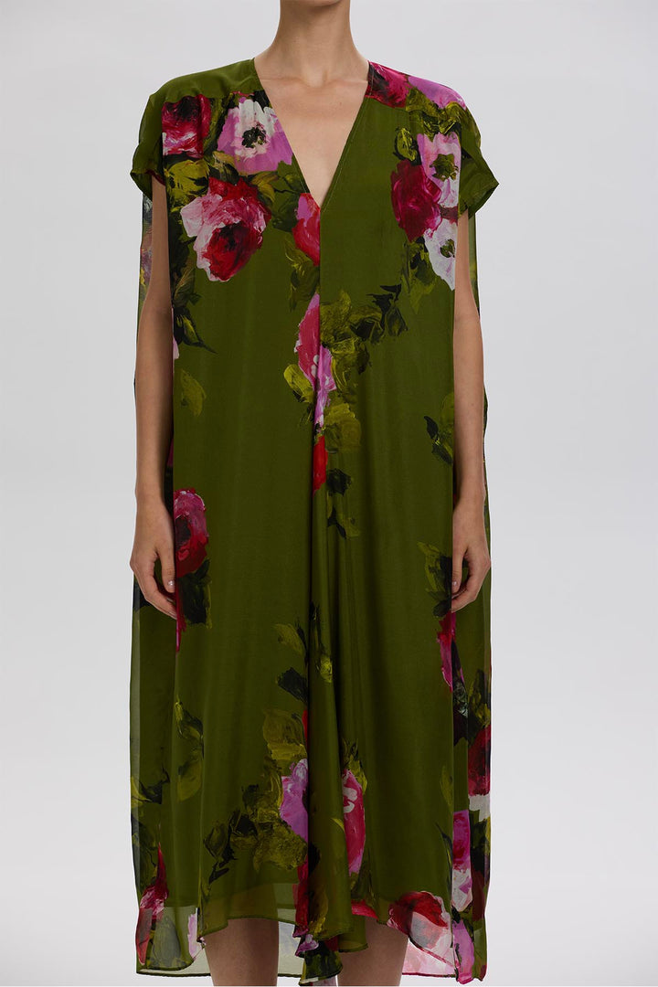 Sandy V-Neck Rose Print Silk Dress