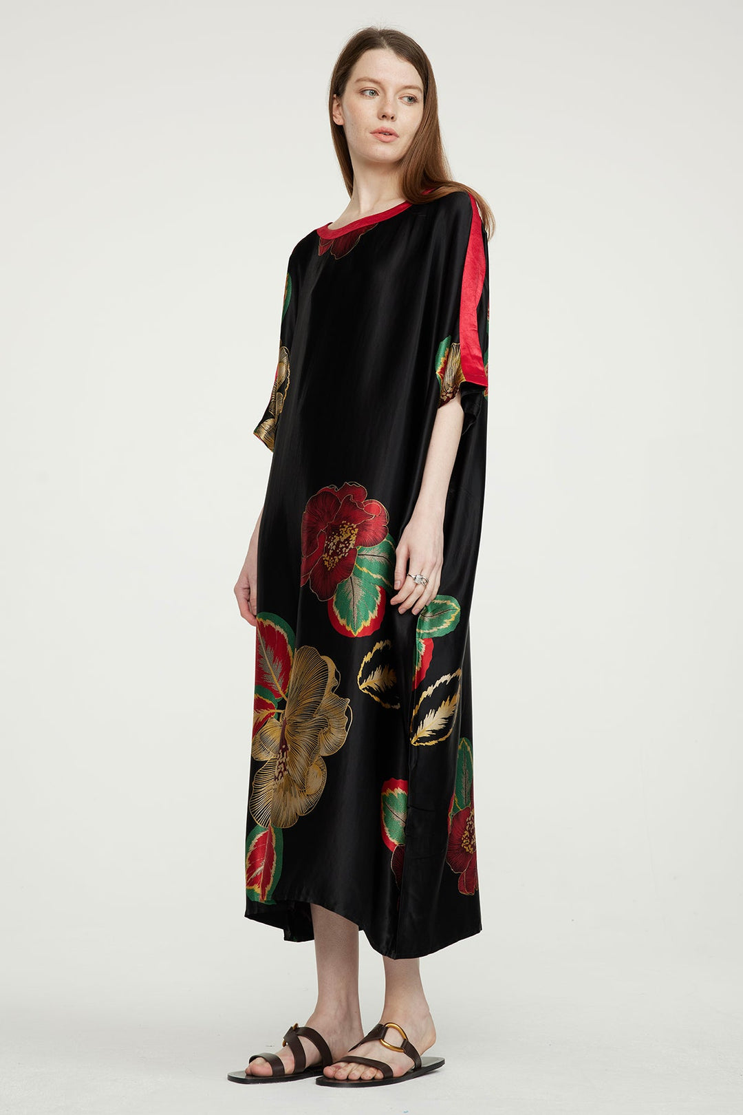 Vestido maxi de seda aconchegante com estampa floral - vermelho